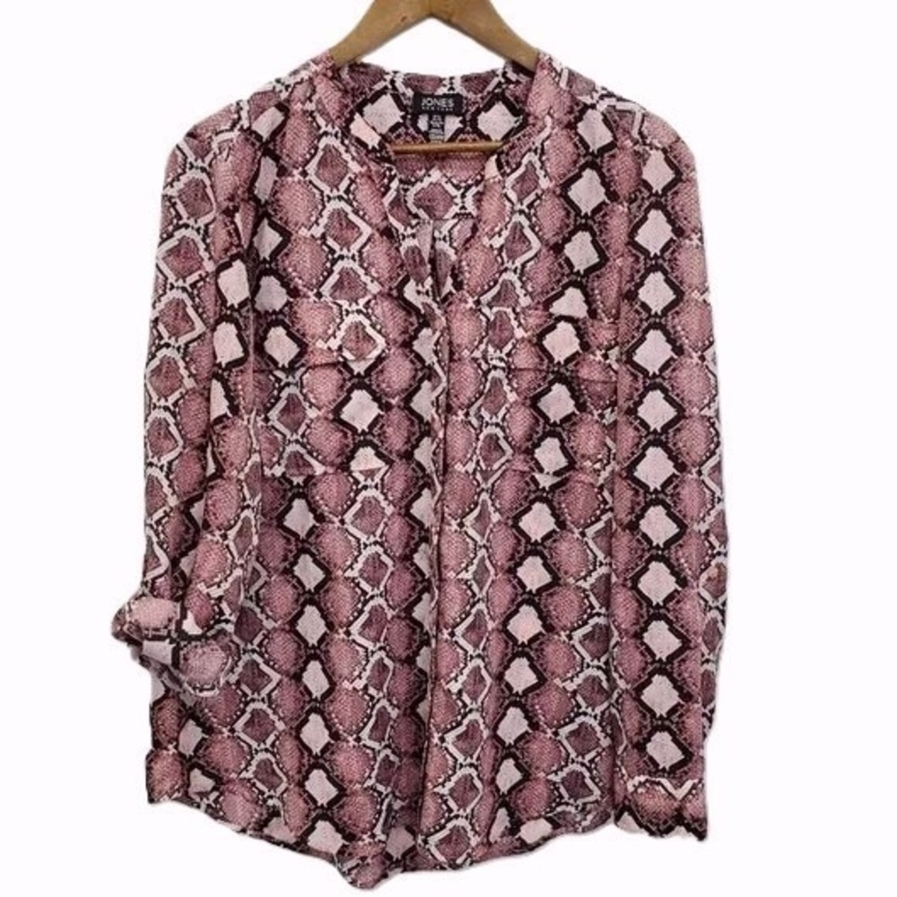 Jones New York Womens XL Blouse Button Front‎ Long Sleeve Snake Print Pink Top